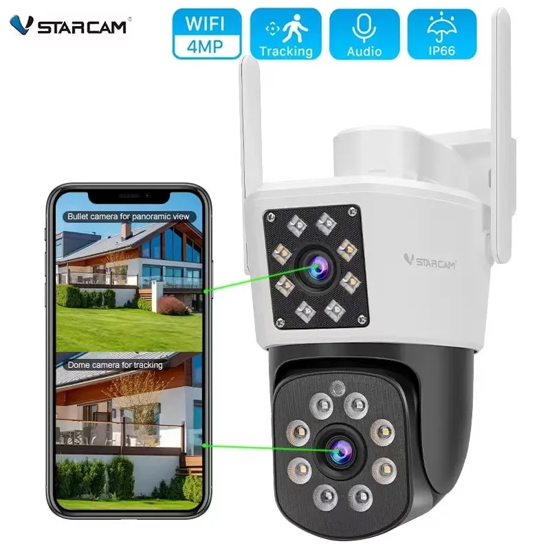 Vstarcam New 2MP 2K Dual Lens Dual Picture Outdoor Wifi IP Camera No Dead Corner Ball Integrated Security Surveillance Phone APP