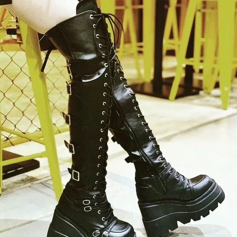

2024 Women Boots Design Female Platform Thigh High Boots Fashion Buckle Punk High Heels Boots Women Cosplay Wedges Shoes Woman