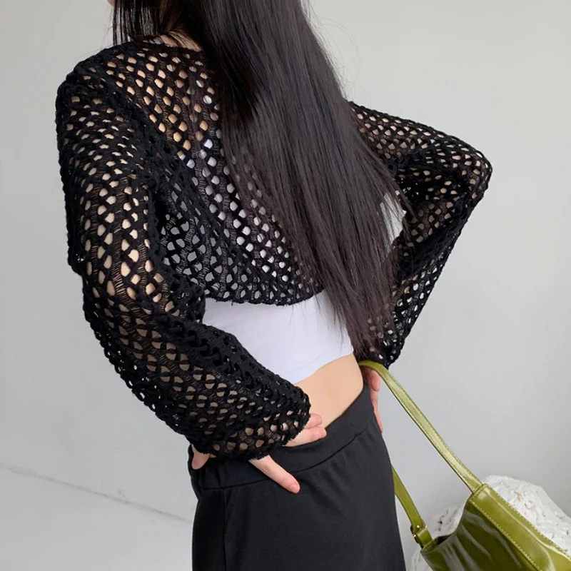 CIBBAR Allentato Scava Fuori I Fori Crop Top Streetwear Y2k Solido Manica Piena A Rete Crop Top Grembiule Donna Casual Coreano980_voghion.com
