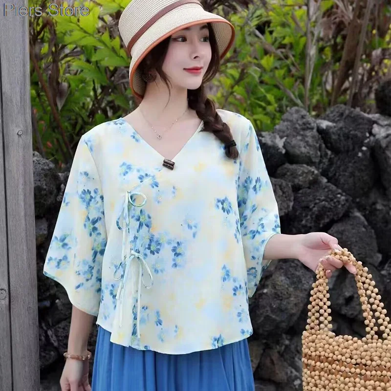 Vintage Cotton Linen Floral Print V Neck Shirt Chinese Style 