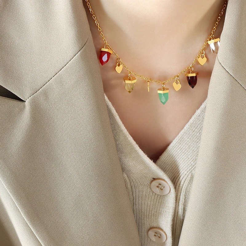 

Fashion Geometry Colorful Conical Glass Stone Pendant Necklace for Women Girl Heart Shape Tassel Choker New Year Jewelry Gift