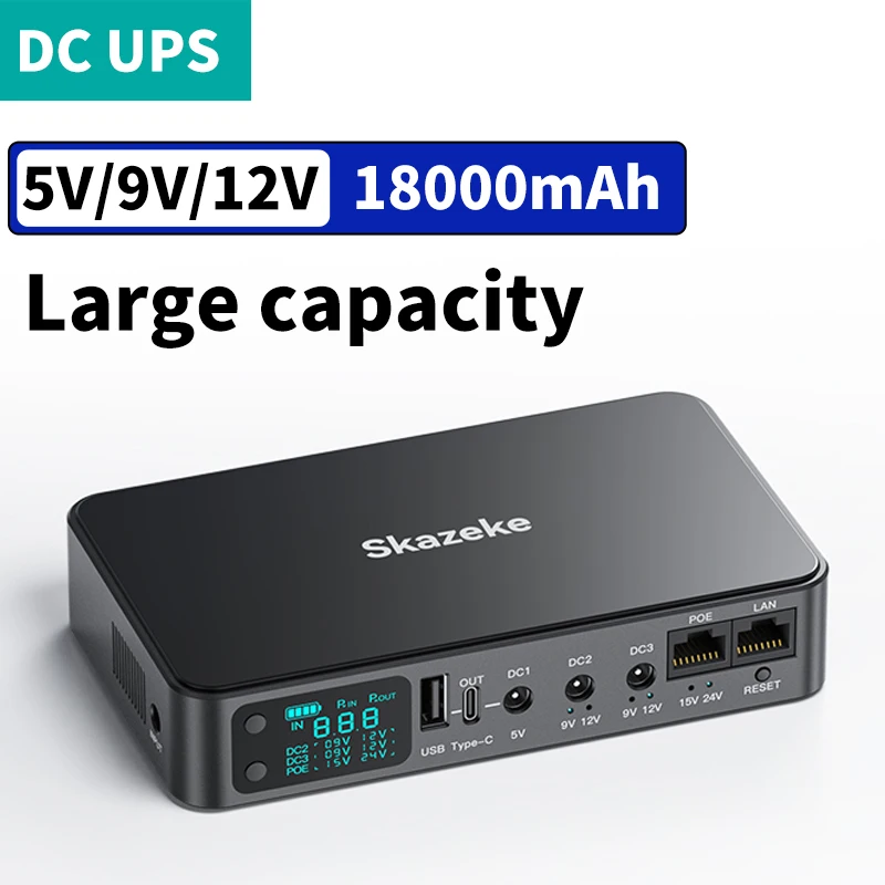UPS Power Supply 18000mAh Large Capacity for Routers Cameras with DC5/9/12V2A Adjustable Voltages 6-port Output Fast Charger LCD