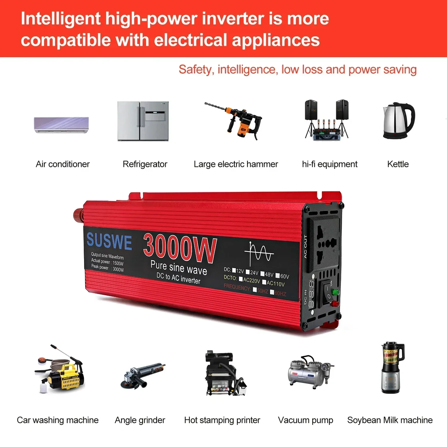 

Pure Sine Wave Inverter DC to AC 12v-24v to 220v 1000w 2000W 3000w 50HZ High Power Inverter LCD Display Car Solar Inverter