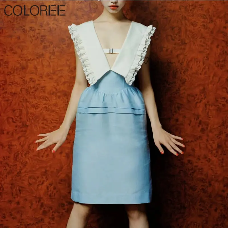 

Vintage Turn-down Collar Lace Patchwork Blue Dress Fo Women 2023 Korean Style Elegant Slim Ball Gown Dresses Summer Clothing