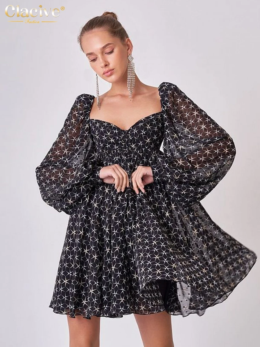 

Clacive Fashion Loose Print Women Dress 2024 Sexy Square Collar Long Sleeve Mini Dresses Elegant High Waist Pleated Female Dress