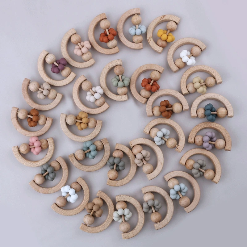 Food Grade Silicone Beads Baby Teether Beech Wood Ring Teething Newborn Bracelet Play Gym Montessori Baby Toys