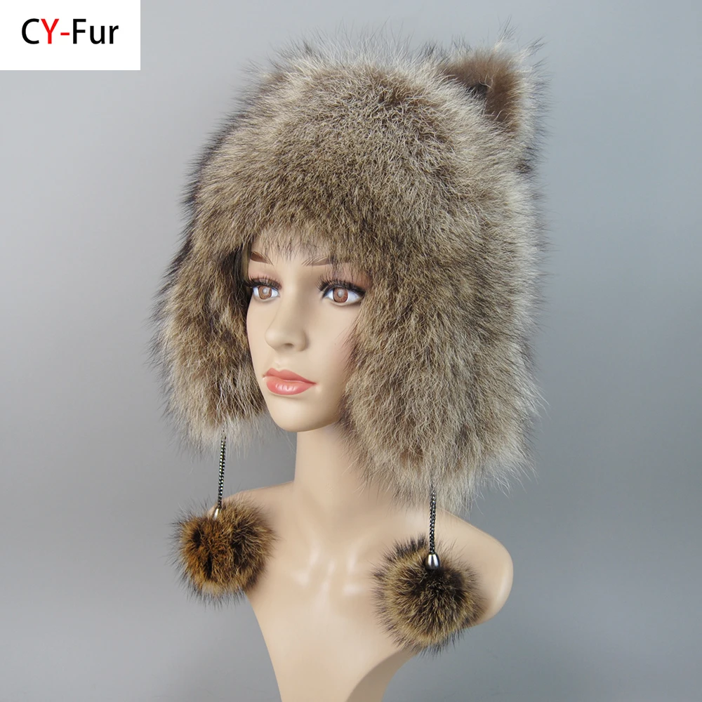 

Winter Warm Ladies 100% Real Raccoon Fur Hat Russian Real Raccoon Fur Bomber Hats With Ear Flaps For Women Genuine Real Fur Caps