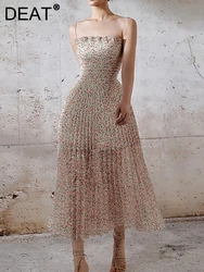 DEAT Slip Dress Cross Lines Waist Slim Colored Flowers Printed thin Women's Elegant long Dress 2024 Spring New Fashion13DB1308