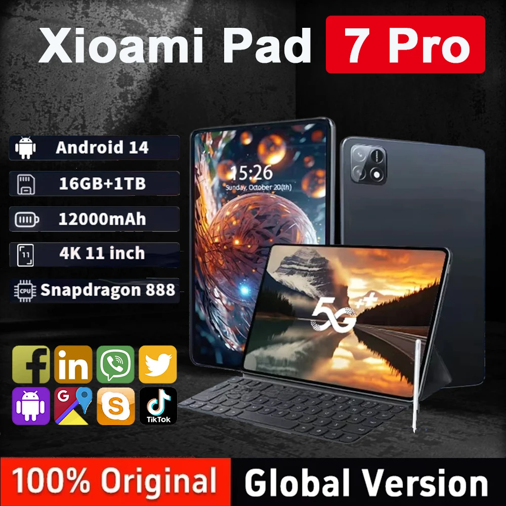 NEW Original Pad 7 Pro 11 inch HD 4K Snapdragon 888 Android 14 16GB+1TB 12000mAh 5G Dual Card WiFi GPS Tablet