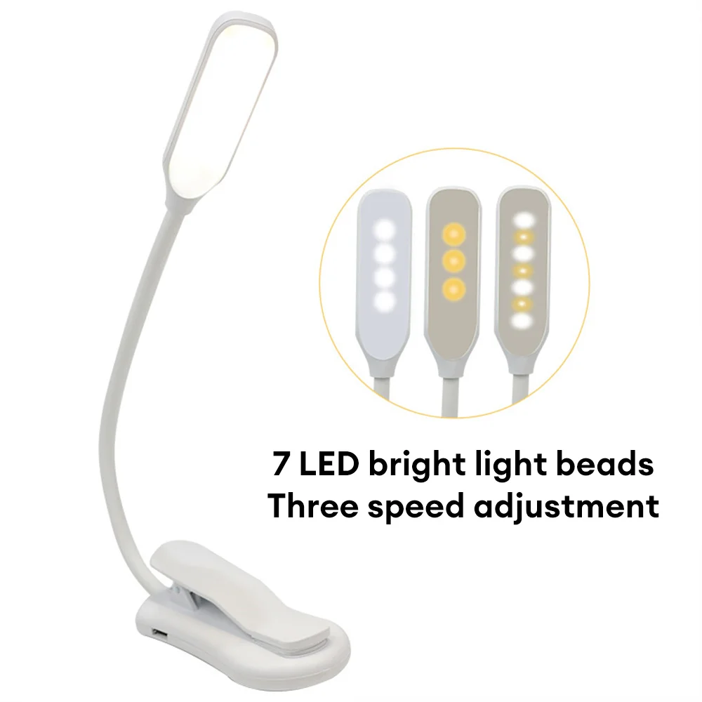 7 LED Book Light USB Rechargeable Reading Light 3-Level Warm Cool White Daylight Portable Flexible Easy Clip Night Desk Lamp