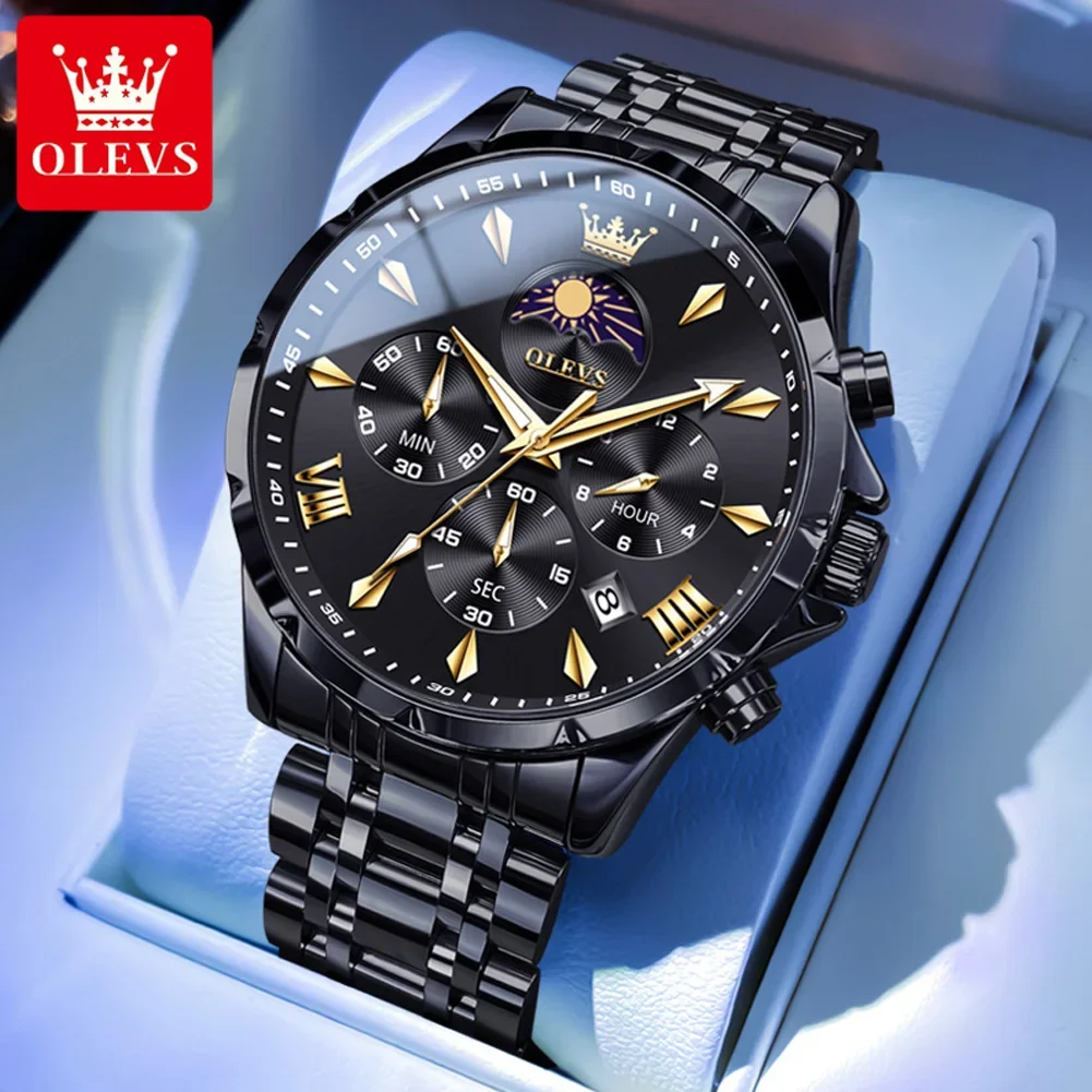 OLEVS Men's Stainless Steel Waterproof Quartz Watch with Moon Phase and Luminous Calendar