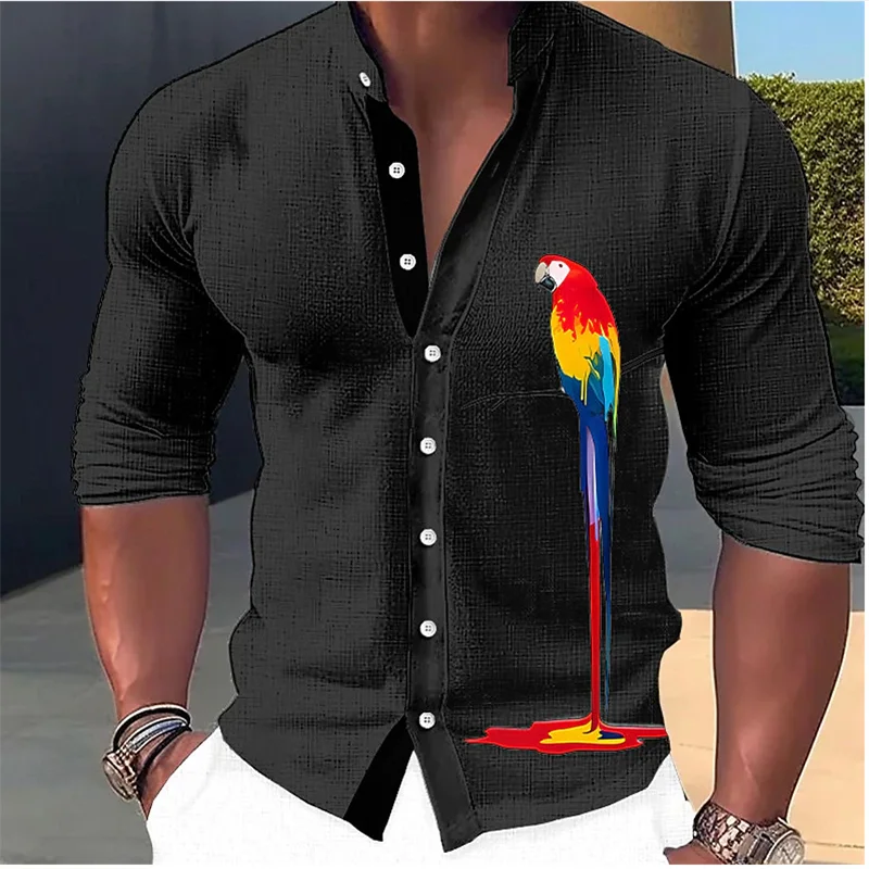 Fashion New Men's Shirt Parrot 3D Printing Stand Collar Long Sleeve Shirt Street Casual Tops Clothes Designer Casual 5 Colors