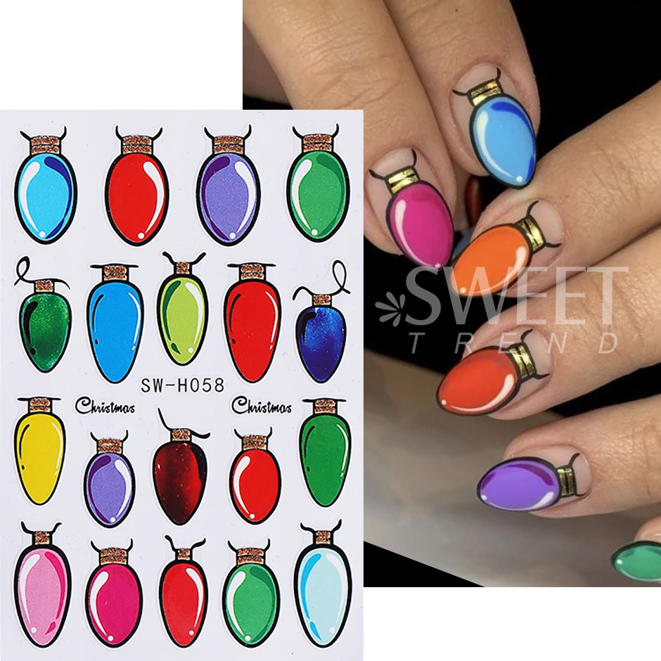 2pcs Christmas Light Bulb Nail Art Stickers 3D Colorful Light Bulb Pattern Design Adhesive Nail Decals DIY Manicure Decor Slider