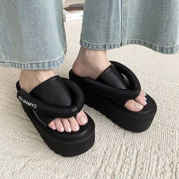 

Shoes Woman 2024 House Slippers Platform Rubber Flip Flops Pantofle Low Hawaiian New Summer Hoof Heels Slides PU Rome Fabric