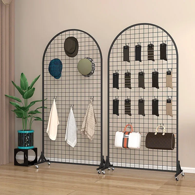 Retro Iron Art Display Rack Hollow Grid Exhibition Stand Mobile Clothes and Accessories Organizer Vintage Style Merchandise 