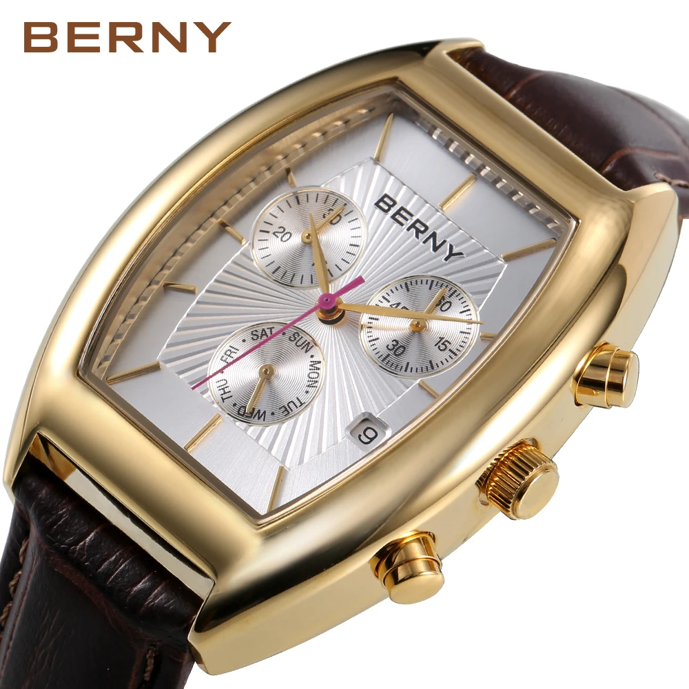 

Berny Men Quartz Watch Top Brand Luxury Swiss Barrel Wristwatch Leather Strap Multifunction Waterproof Chronograph Watch for Men