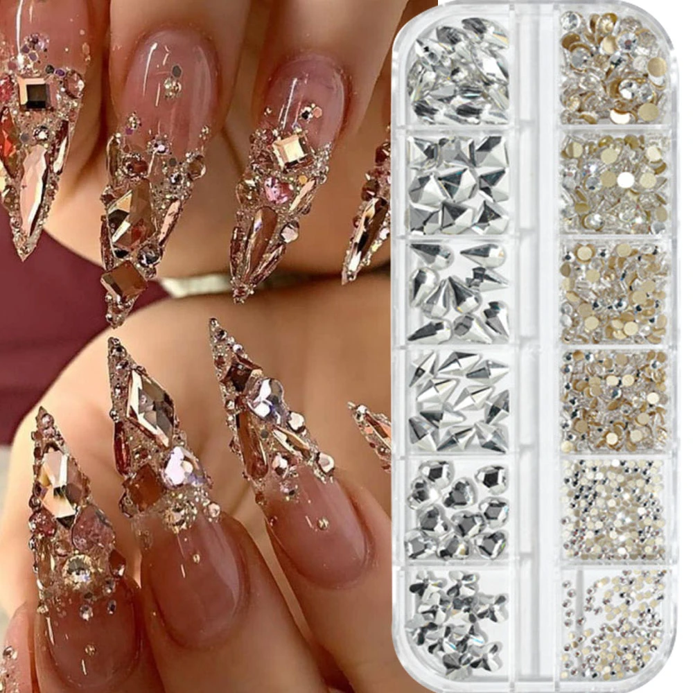 Collage style acrylic stone nail designs