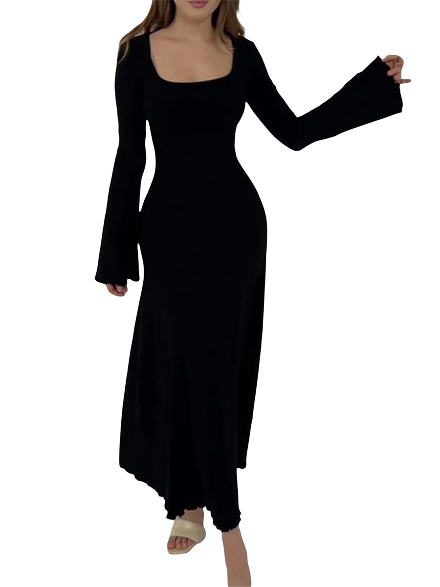 

Women Bell Long Sleeve Sweater Dress Square Neck Rib Knit Maxi Dress Slim Fit Ruffle Trim Bodycon Long Dress