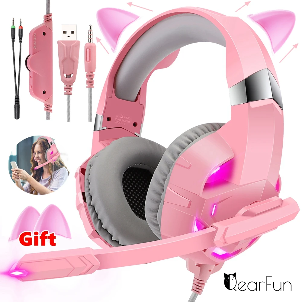 

Black Cat Ears Wired Headset Gamer PC Computer Stereo Bass Girls Headphones with Microphone For Mac Laptop Window 7-10 tablet