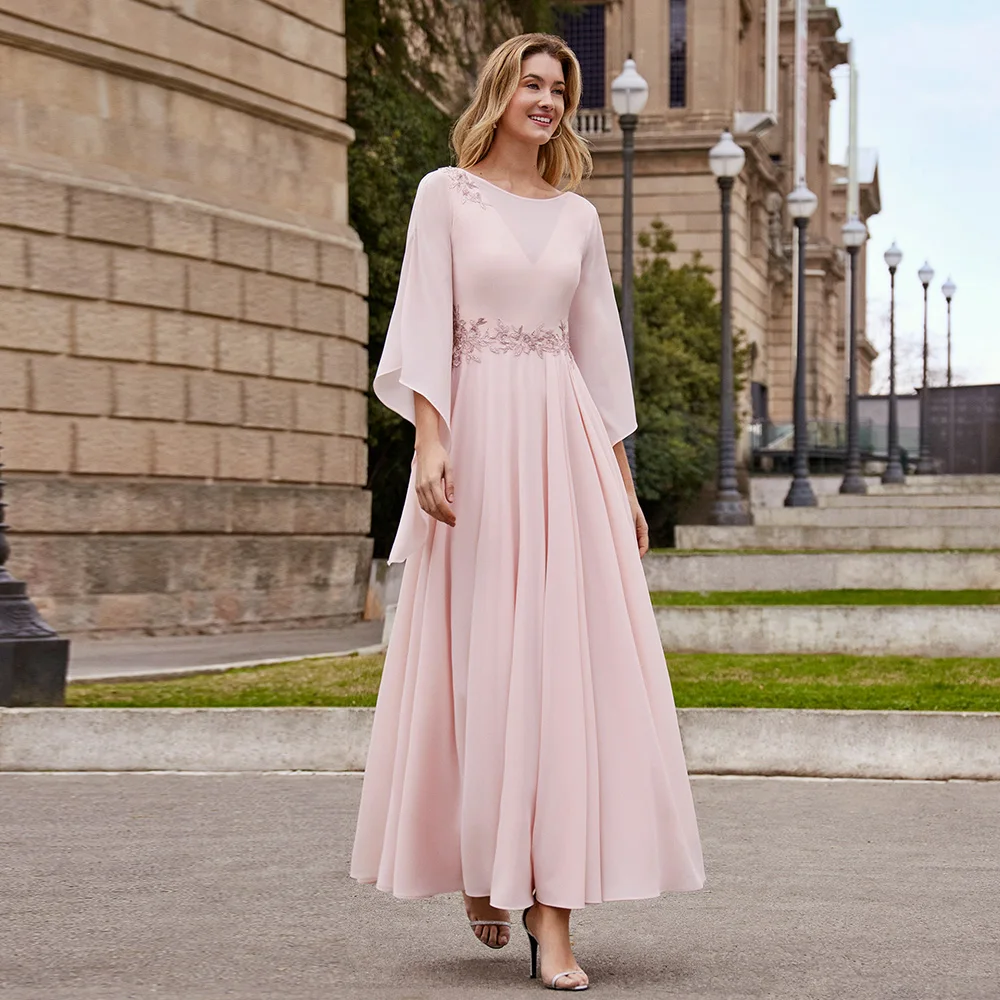 

Moden Pink Mother of the Bride Dresses Jewel Neck 3/4 Sleeves Appliques A-Line Ankle-Length Chiffon Wedding Party Gowns 2023
