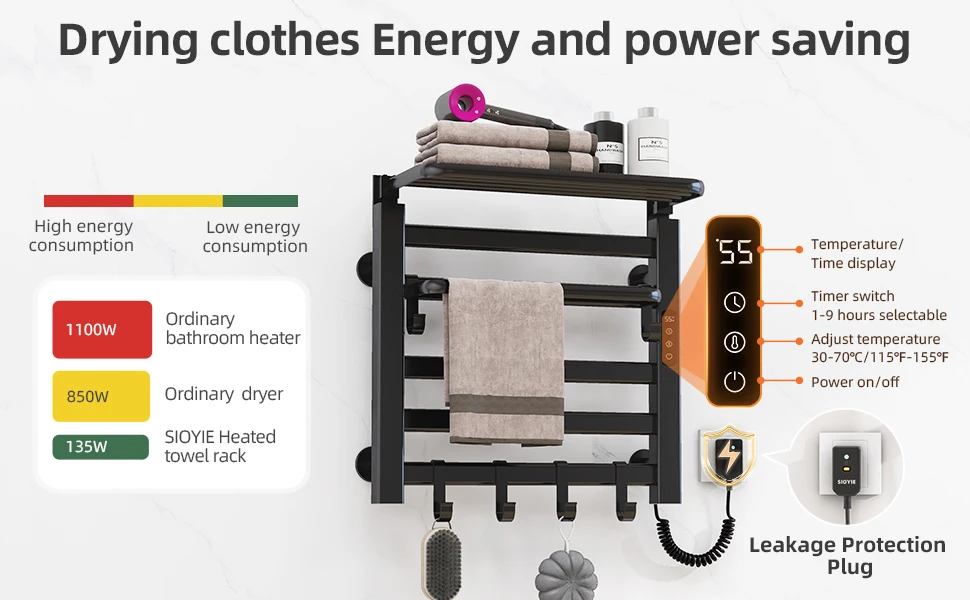 Description Picture 6 of itemSIOYIE Towel Warmer Bathroom Wall Mounted Heated Towel Rack with storage rack,  Electric Towel Drying with Timer R630