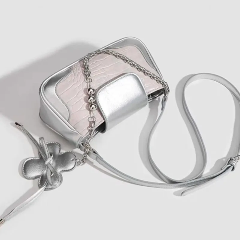JIAERDI Sweet Cute Silver Underarm Bag For Women Summer Leather Chic Chain Shoulder Crossbody Bags Ladies Fairycore Y2k Handbag