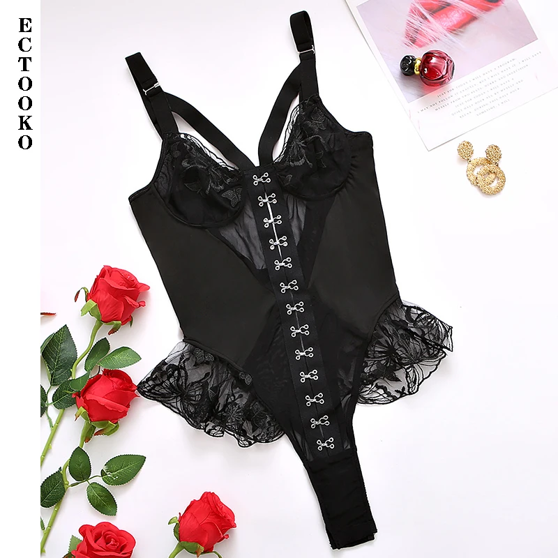 Ruffled Lace Bodysuit Lingerie Sexy See Through Fitness Crotchless Body Embroidery Erotic Costumes Sleepwear sexy lingerie