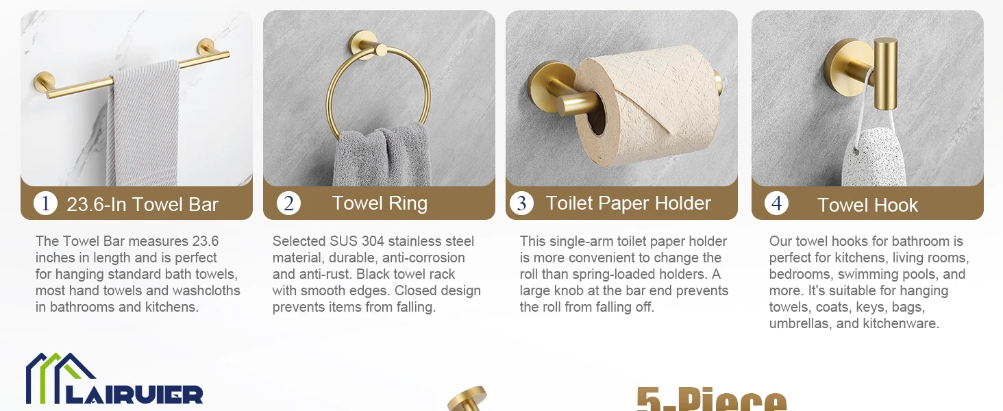 Description Picture 4 of itemBathroom Towel Holder Set, 5-Piece Towel Bar Set Brushed Gold Steel Wall Mounted Bathroom Hardware Accessories Stainless Steel