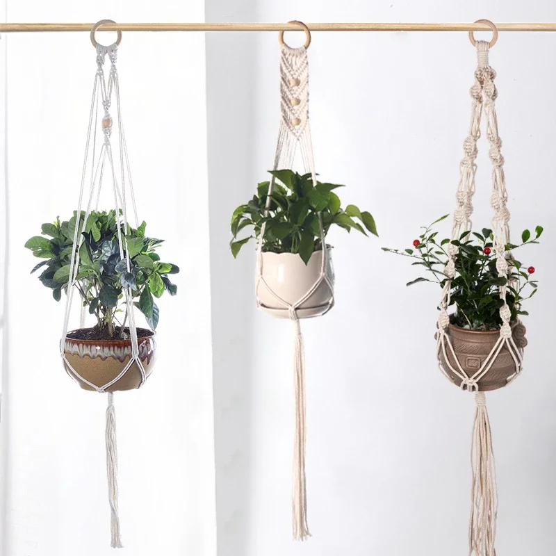 Plant Hanger Flower Pot Hanging Basket Handmade Macrame Green Plant Hanger Cotton Rope Flower Pot Planter Pocket