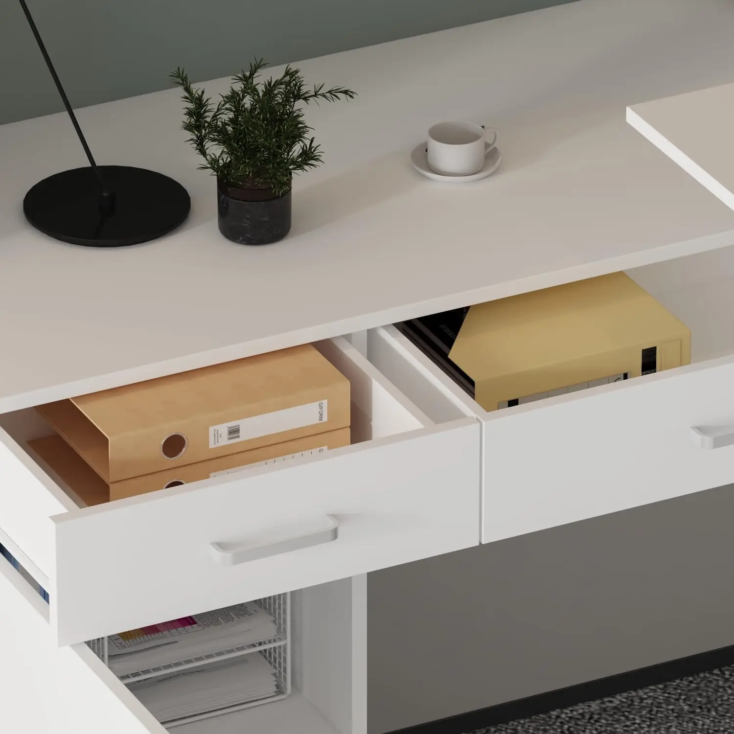 L-Shape Office Desk with Height Adjustable Top, Computer Desk with Drawers and Shelves,Corner for Home Office Living Room, White 5