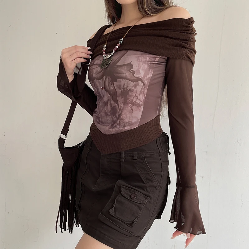 Top de mujer con mangas acampanadas y hombros descubiertos, estilo patchwork, estilo Y2K, estilo grunge, corte entallado, estilo vintage sexy, otoño de los años 2000