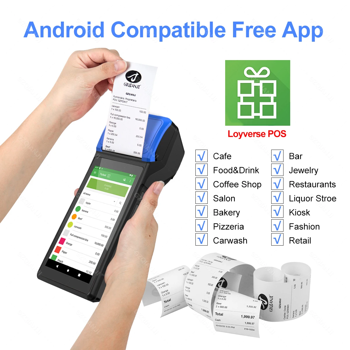 4G Android 12 Handheld Terminal Mobile POS Device with 58mm Thermal Receipt & Label 2-in-1 Printing,1D 2D Scanner NFC,Stickers