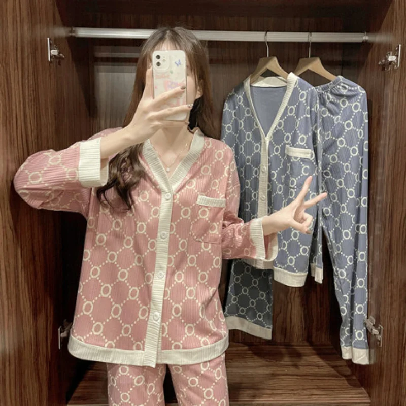 Pajama Sets Women V-neck Sweet Simple Design Casual Cozy Japanese Style Ladies Pockets Fashion Sleepwear Loose Lovely Spring New