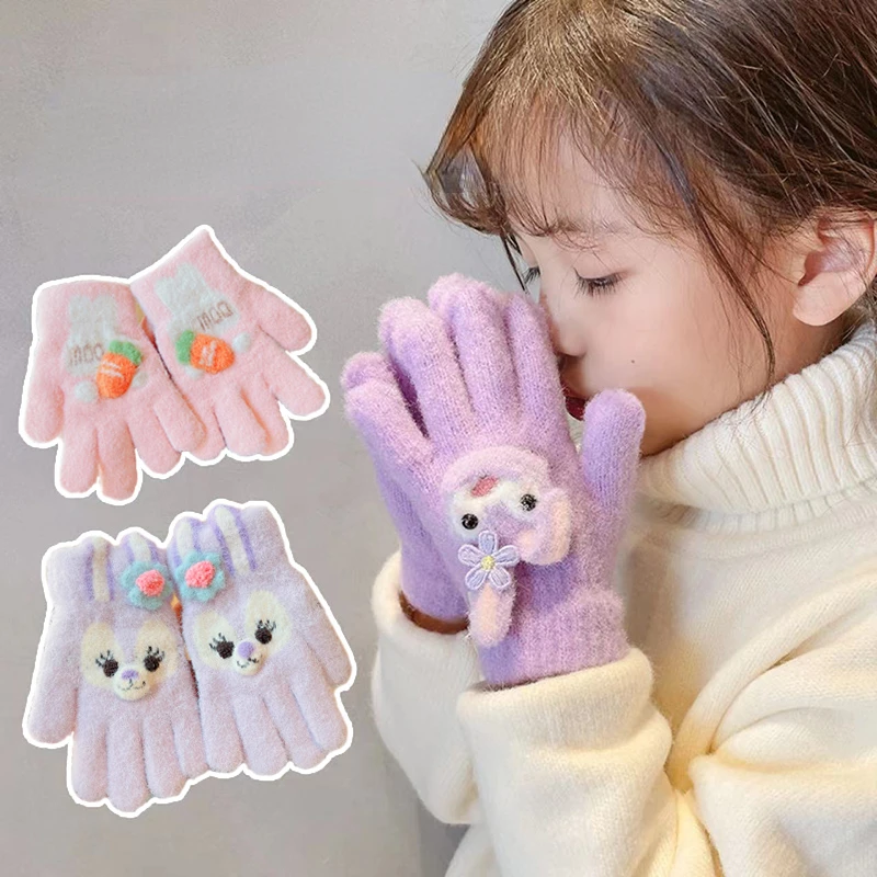 Winter New Baby Girls Sweet Soft Cartoon Knitted Yarn Keep Warm Gloves Children Lovely Five Finger Gloves Kids Fashion