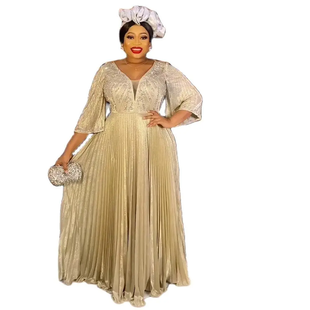 

Африканские платья для свадебной вечеринки для женщин, Осеннее Африканское длинное платье из полиэстера с коротким рукавом и V-образным вырезом, мусульманская абайя, Африканское Платье Макси