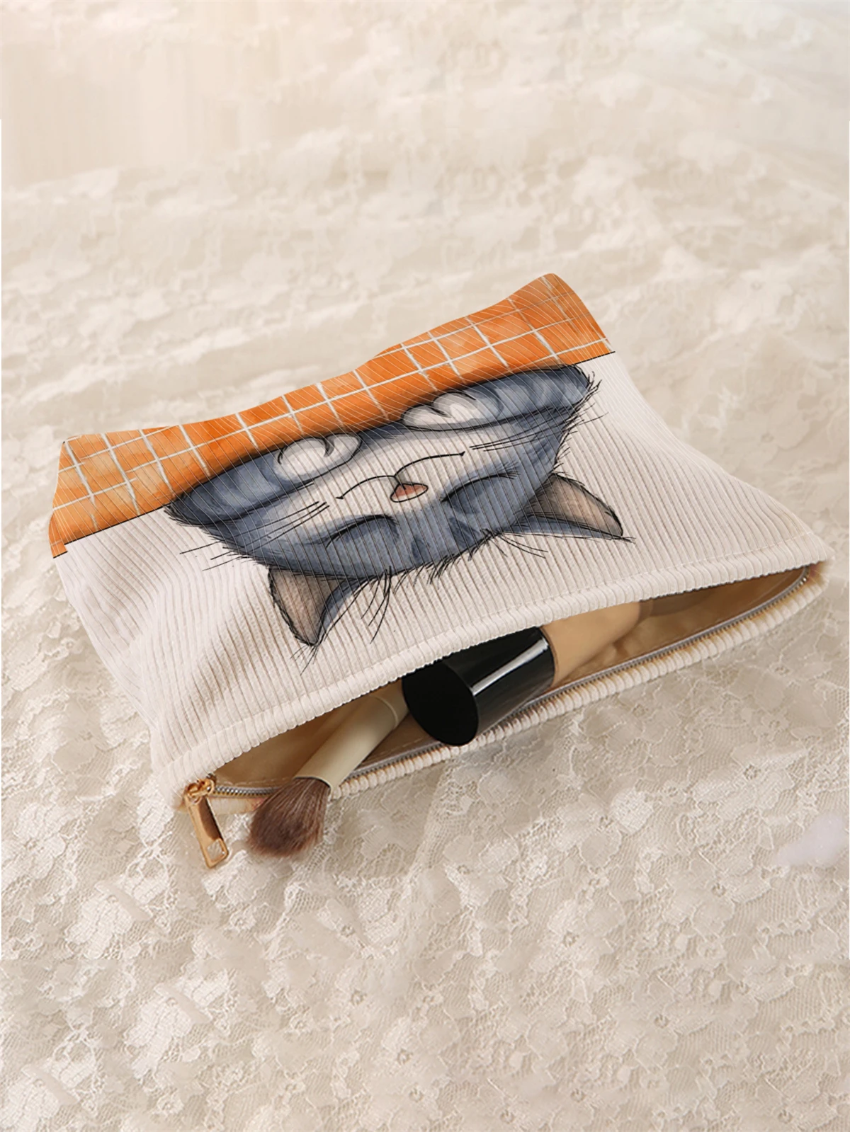 1 cartoon cat pattern corduroy makeup bag, lightweight zipper makeup storage box, multifunctional bag with lining