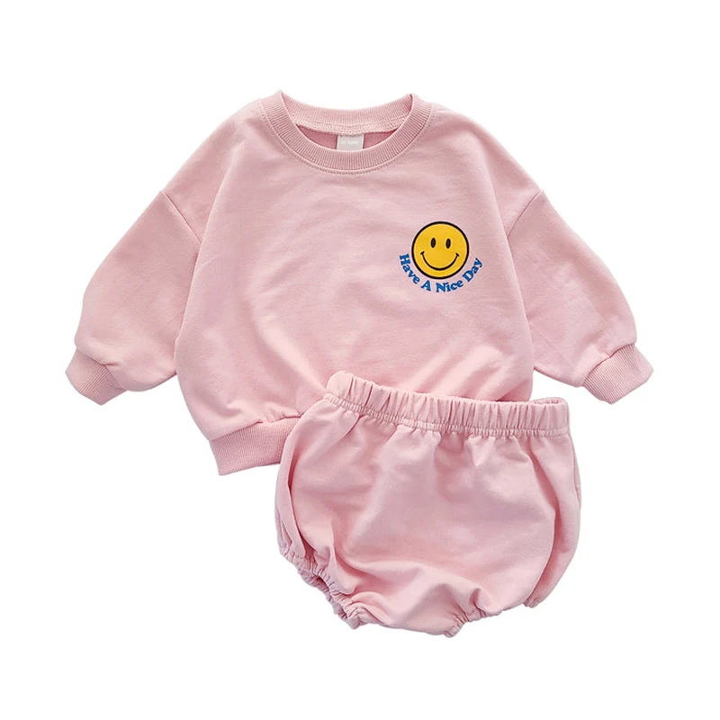 baby outfit matching set Baby Girls Clothes Sets Cotton Smiley Face Print Tops Sweatershirt+PP Short Pants Toddler Kids Boy Sports Set 2pcs Suit Outfits baby's complete set of clothing