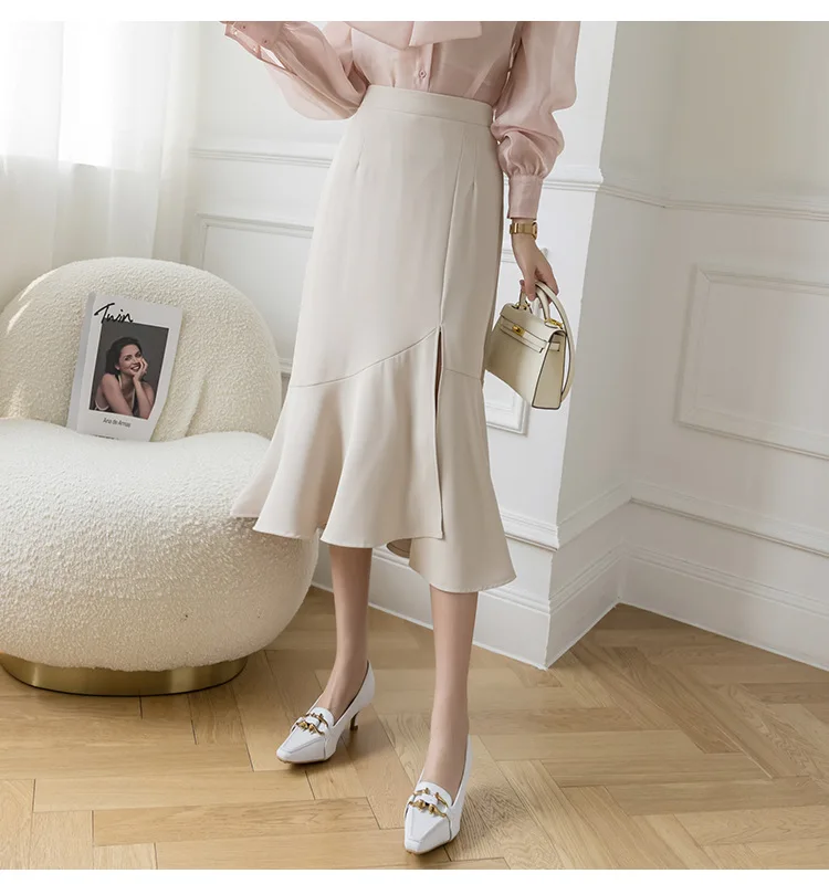 Ruffled High Waist Slim Fishtail Skirt With Irregular Split Spring And Summer Long Skirt OL Commuter Temperament Overskirt pink skirt Skirts
