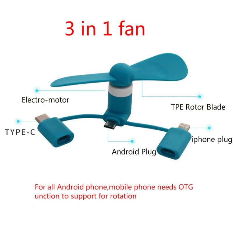 Portable 3 IN 1 Travel Cell Phone Mini Fan Cooling Cooler for Android Type-c Micro USB C For IPad IPhone 5 6 6S 7 Plus 8 X XS