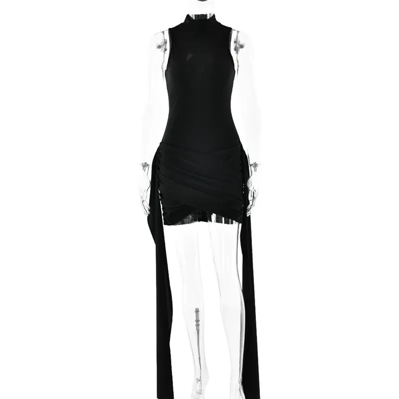 Sexy Sleeveless Patchwork Mini Dress Female Solid Skinny Pleated Fashion High Waist Casual Dress For Women Party Dress New