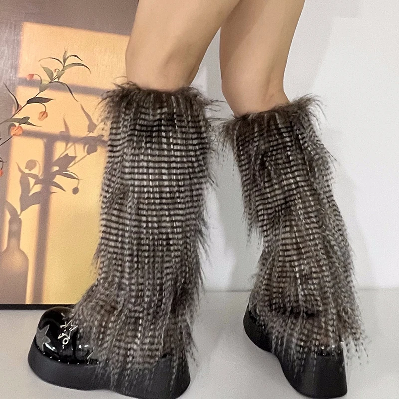 Y2K Goth Furry Faux Fur Women Leg Warmers Boot Covers Harajuku Lolita Girls Punk Fashion Cute Jk Hipster Warm Fluffies Leggings