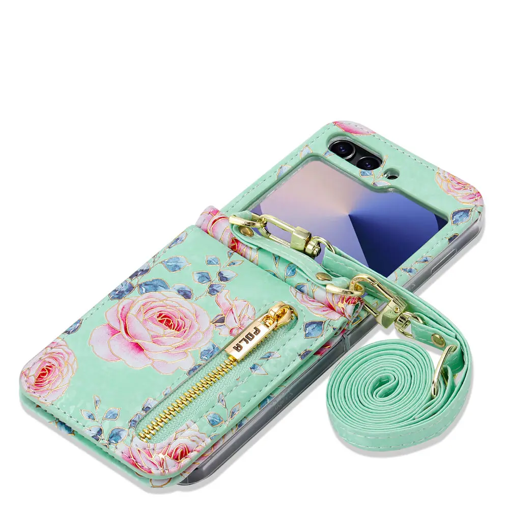 Floral Zipper Crossbody Wallet with Card Slots and Leather Lanyard Strap