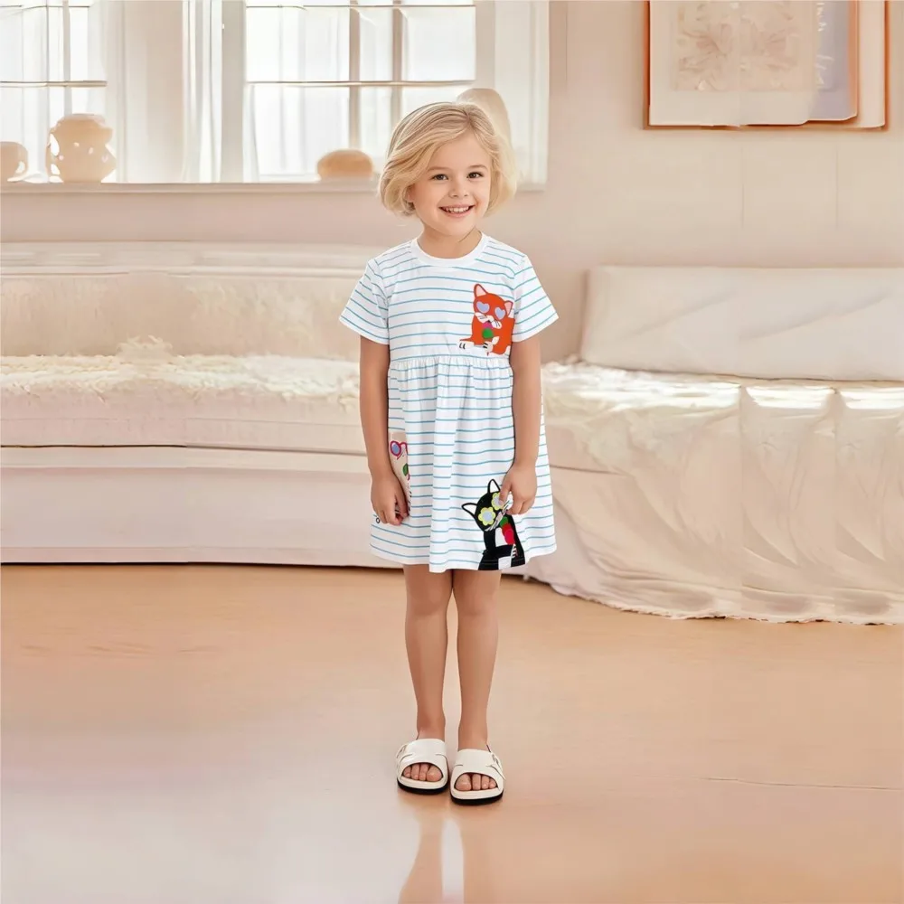 2025 New Summer Children's Clothing Kids Clothes Cartoon Cats Party Dresses Holiday Cotton Casual Vestidos  Gifts