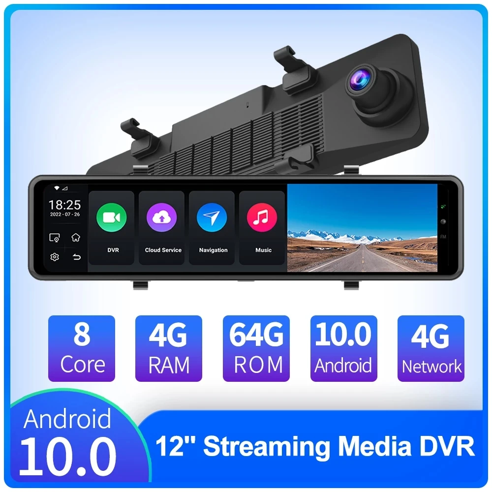 4G Android Dash Cam Dashboard 12 Inch Car DVR For Auto Rearview Mirror