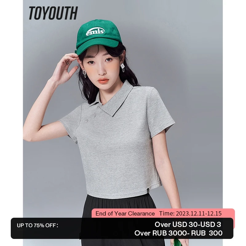 

Toyouth Women T-shirt 2023 Summer Short Sleeve Asymmetrical Polo Neck Short Tees Button Design Y2K Fashion Chic Casual Tops