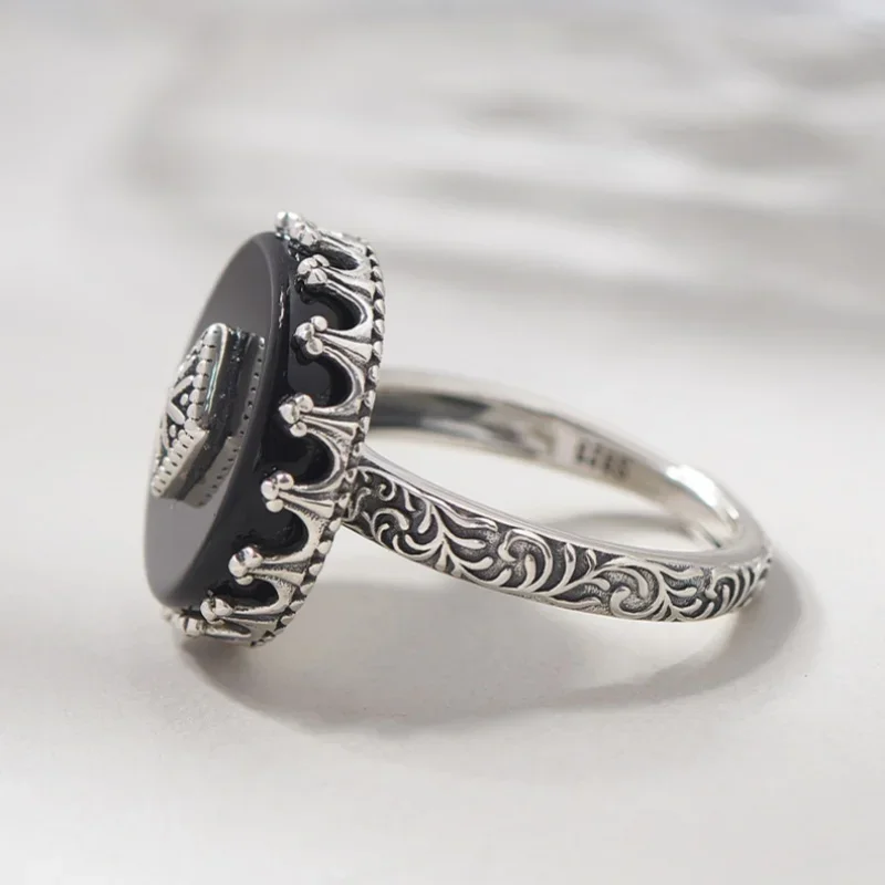 S925 sterling silver charms rings for Women Men New Fashion Relief eternal rattan inlaid round agate punk jewelry free shipping