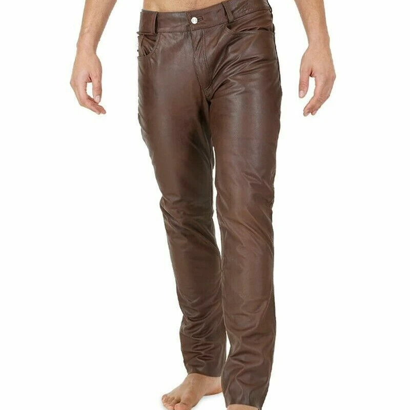 

Men Genuine Lambskin Real Leather Pant Stylish Slim fit Brown Plain Trousers
