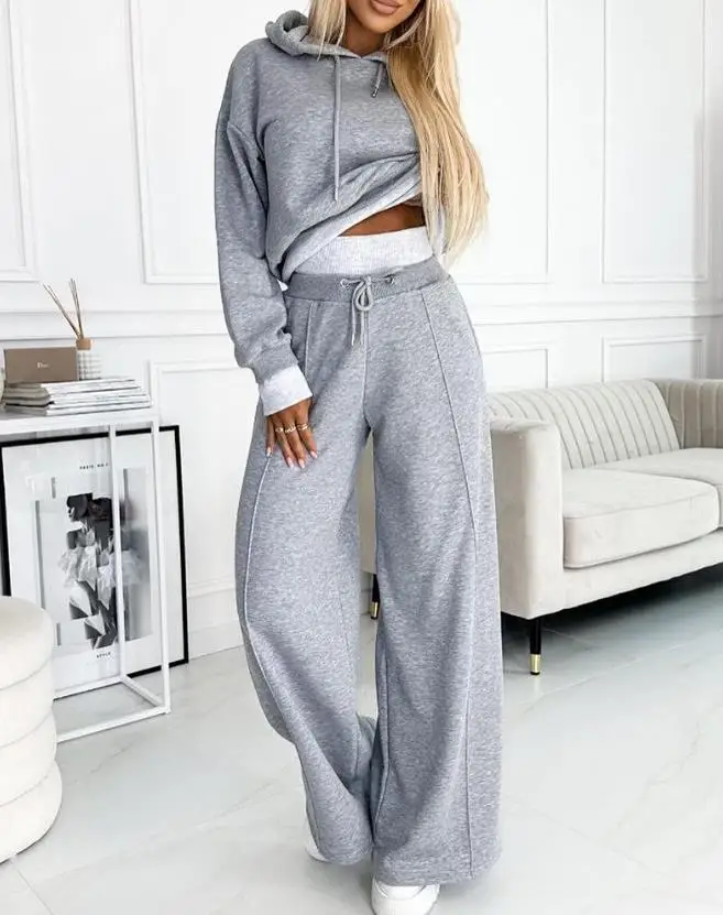 Two Piece Set for Women 2023 Autumn Winter Sports Style Contrasting Colors Fake Two Piece Hoodie & High Waist Wide Leg Pant Set