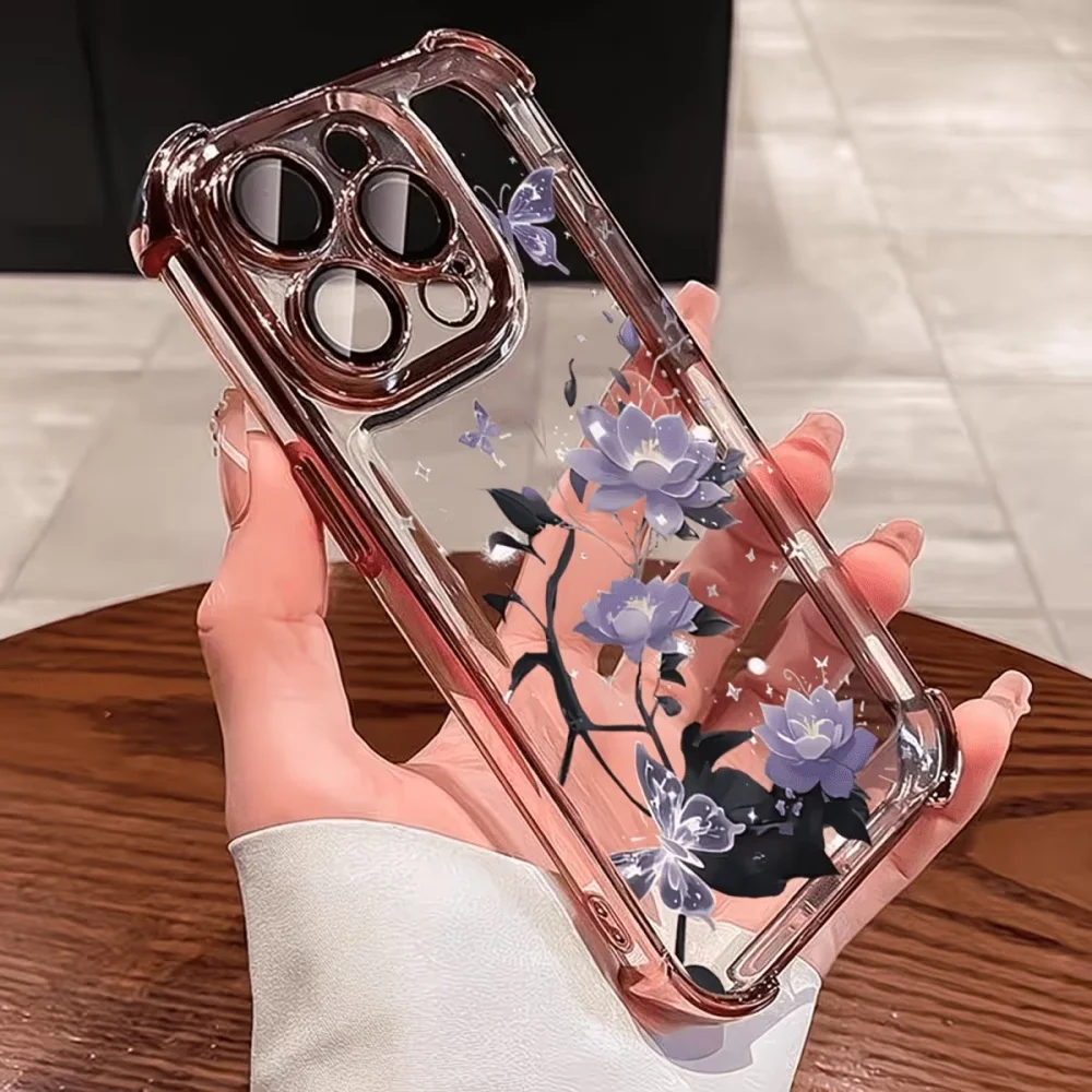 Elegant Purple Flower Clear Phone Case with Electroplated Four-Corner Protection