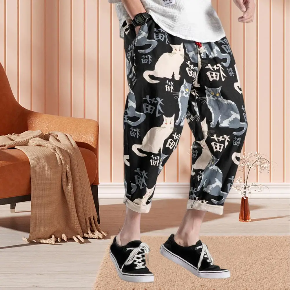 

Stylish Men Trousers Elastic Waist Cat Print Mid Waist Baggy Men Trousers Hip Hop Men Sweatpants Men Garment